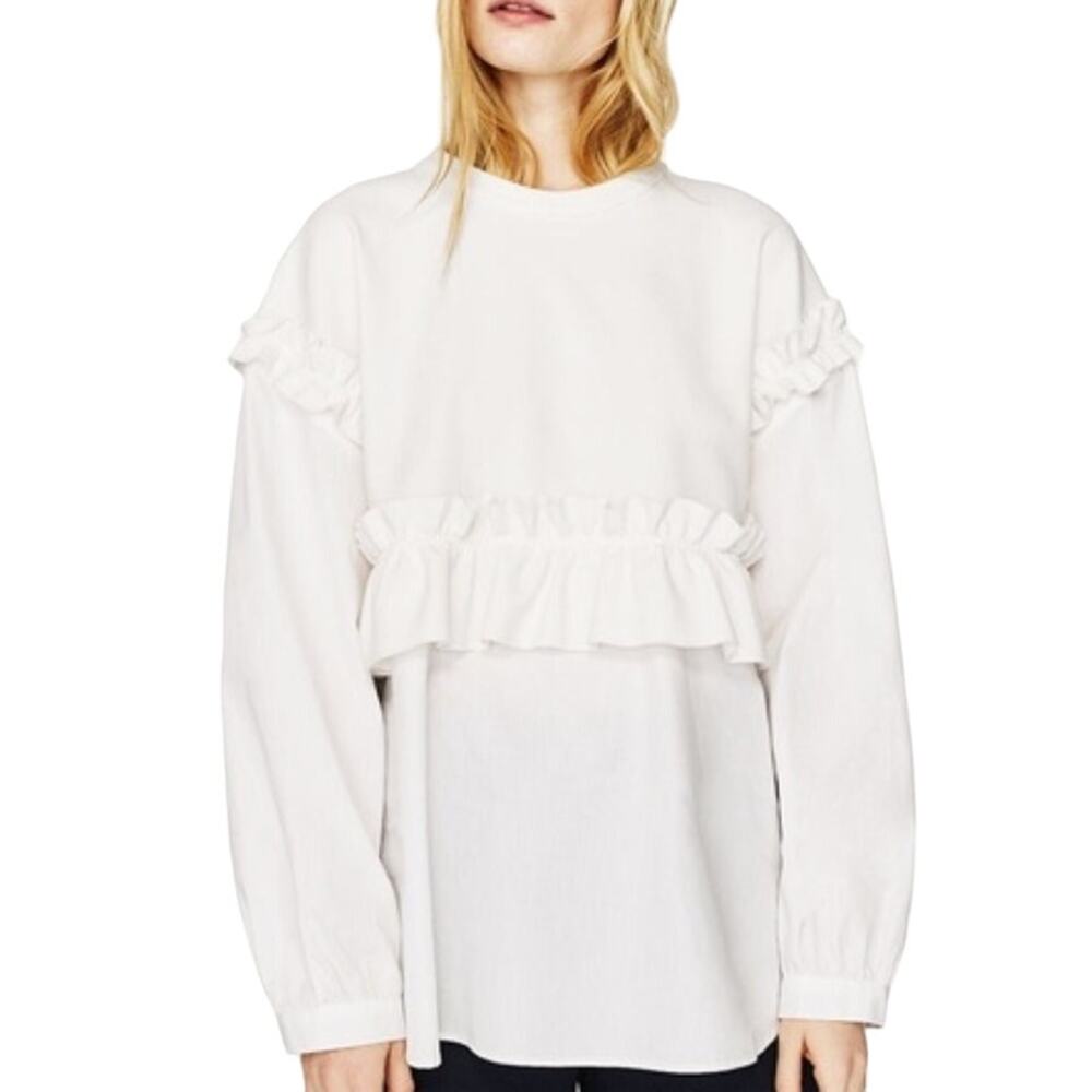 Zara M Womens White Contrasting Fabric Frilled Sweatshirt Blouse Top Feminine
